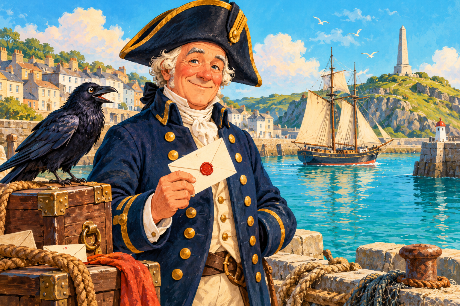 Storybook Captain Skinner holding a letter, with his raven and a harbour behind him